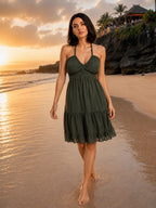 Green Halter Neck Georgette A-Line Midi Dress