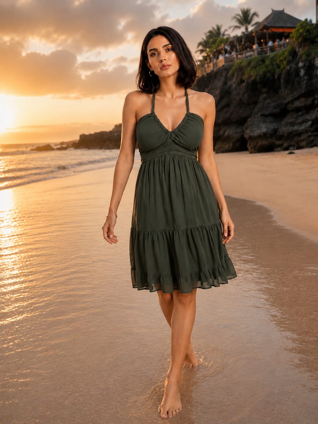 Green Halter Neck Georgette A-Line Midi Dress
