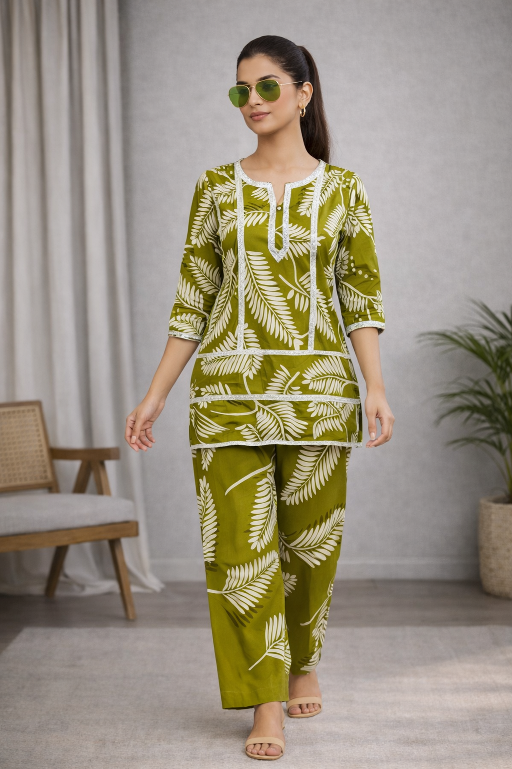 Olive Green Tropical Leaf Printed Kurta Set with Straight Pants