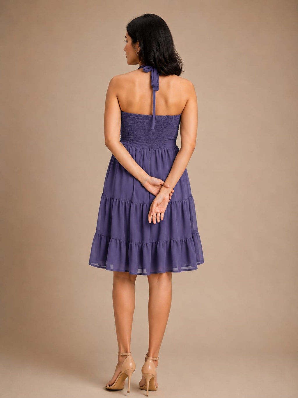 Mauve Halter Neck Georgette A-Line Dress