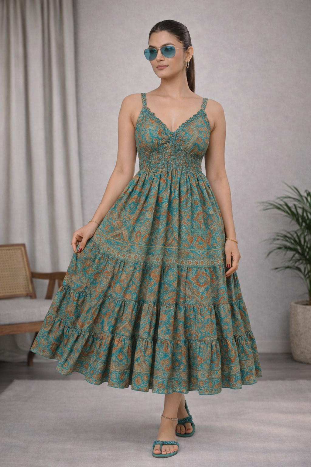 Teal Paisley Smocked Boho Midi Dress