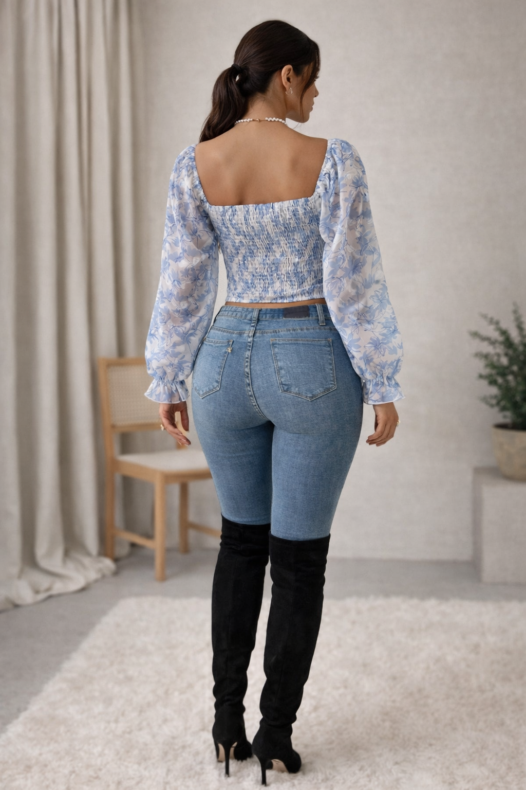 Bluebell Blossom Puff-Sleeve Floral Crop Top