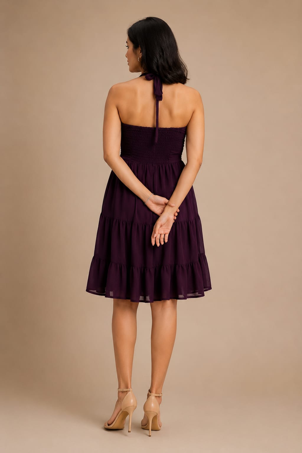 Wine Halter Neck Georgette A-Line Midi Dress