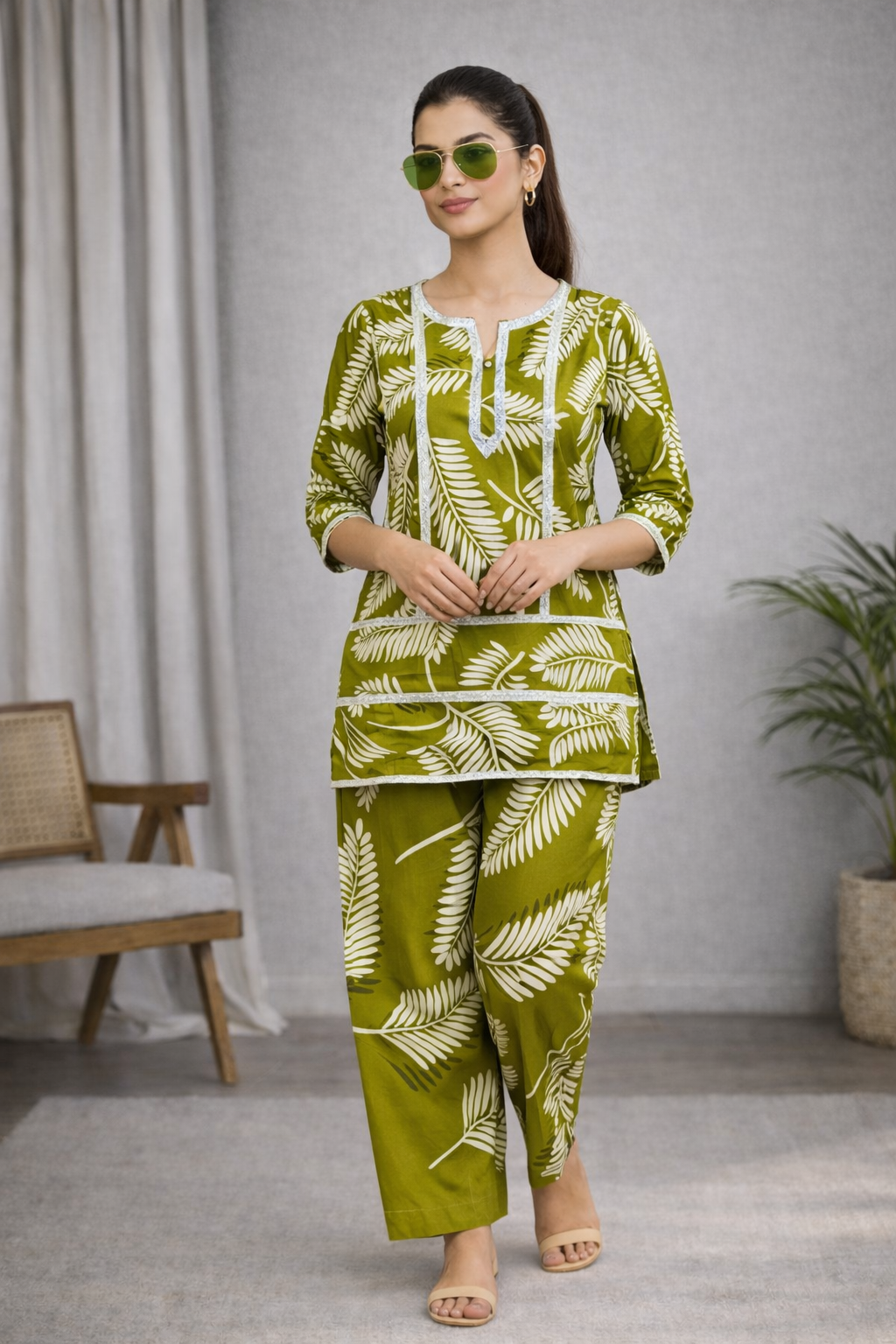 Olive Green Tropical Leaf Printed Kurta Set with Straight Pants