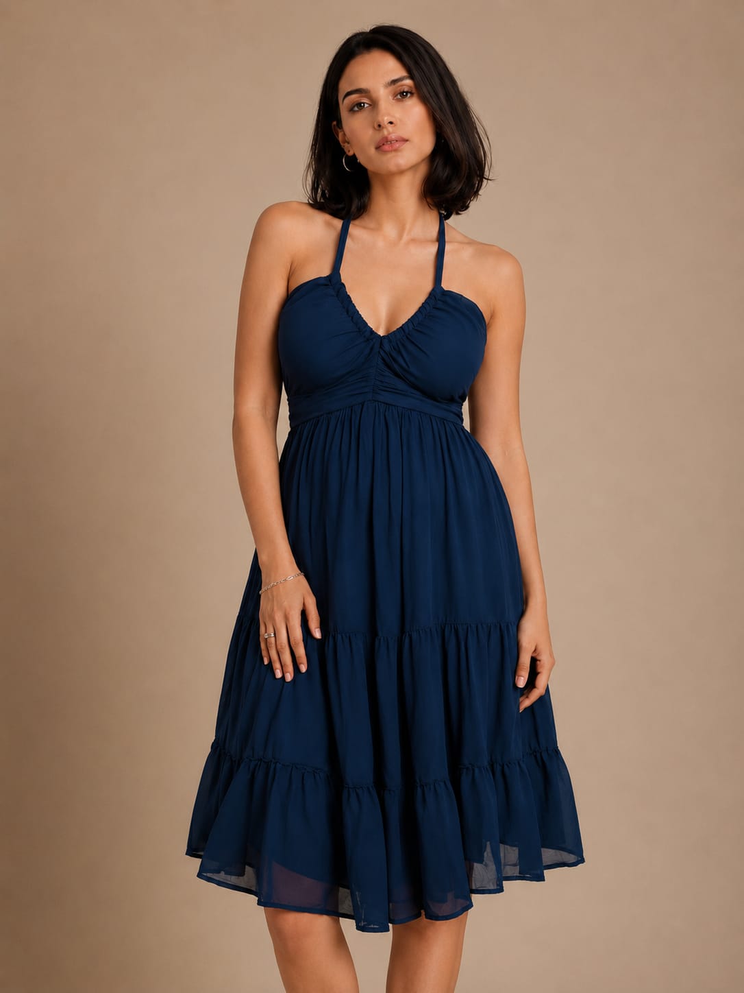 Navy Blue Halter Neck Georgette A-Line Midi Dress