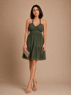 Green Halter Neck Georgette A-Line Midi Dress