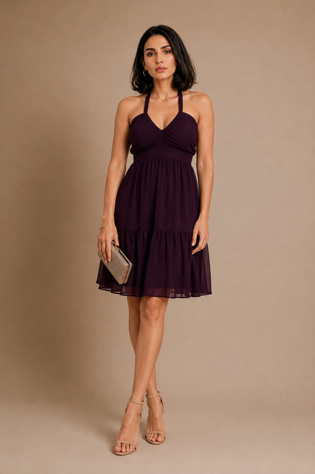 Wine Halter Neck Georgette A-Line Midi Dress