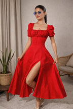 Red Corset Maxi Dress for Women | Scarlet Puff Sleeve Long Dress | Kadambarie - Kadambarie | By Jiya Lal Kapoor & Grandson