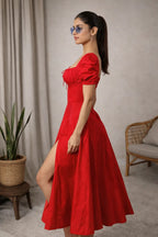 Red Corset Maxi Dress for Women | Scarlet Puff Sleeve Long Dress | Kadambarie - Kadambarie | By Jiya Lal Kapoor & Grandson