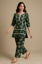 Emerald Leaf Printed Kurta Set with Straight Pants