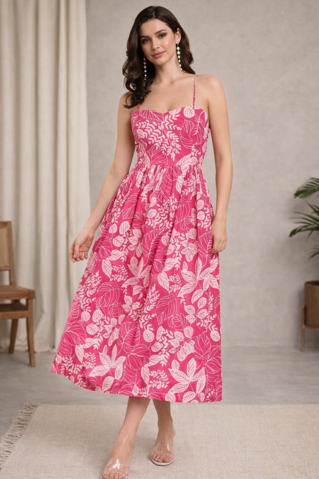 Pink Tropical Leaf Print Strappy Midi Dress with Tie-Up Back